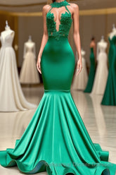 Charming Long Mermaid Halter Stretch Satin Lace Backless Semi Formal Prom Dress